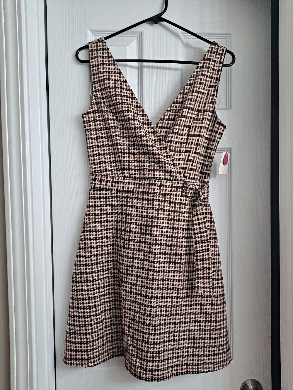 V-Neck Houndstooth Dress in Brown and Cream